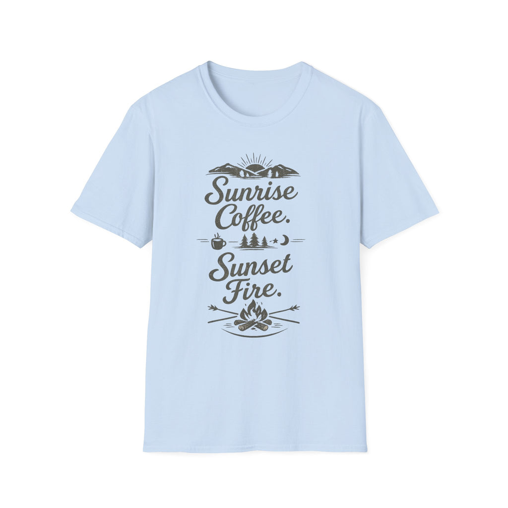 Sunrise Coffee Tee — 'Sunrise Coffee. Sunset Fire.' Camping Graphic T‑Shirt