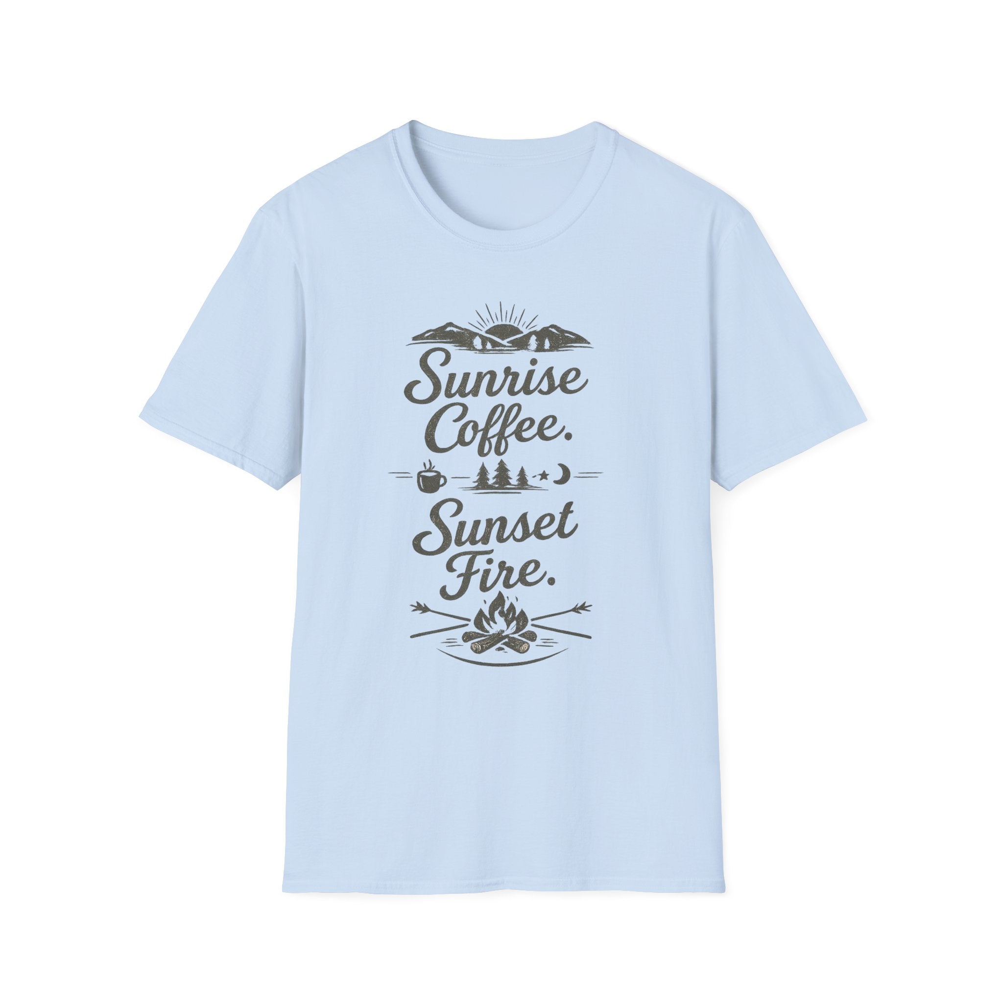 Sunrise Coffee Tee — 'Sunrise Coffee. Sunset Fire.' Camping Graphic T‑Shirt