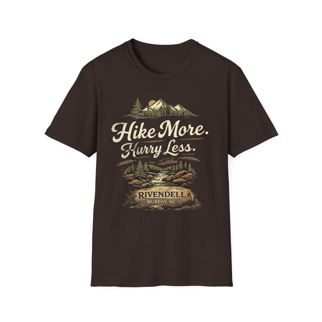 Hike More. Hurry Less. T-Shirt — Vintage Mountain Hiking Tee (Rivendell)