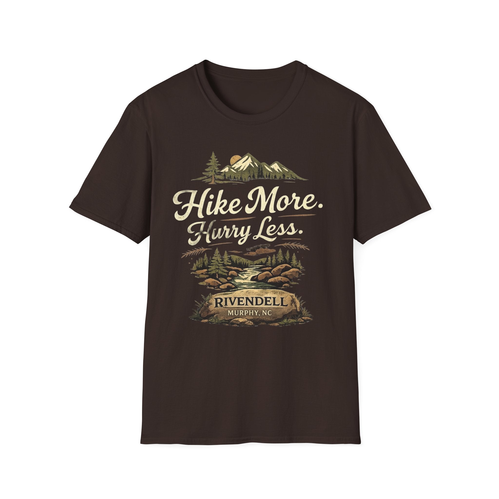 Hike More. Hurry Less. T-Shirt — Vintage Mountain Hiking Tee (Rivendell)