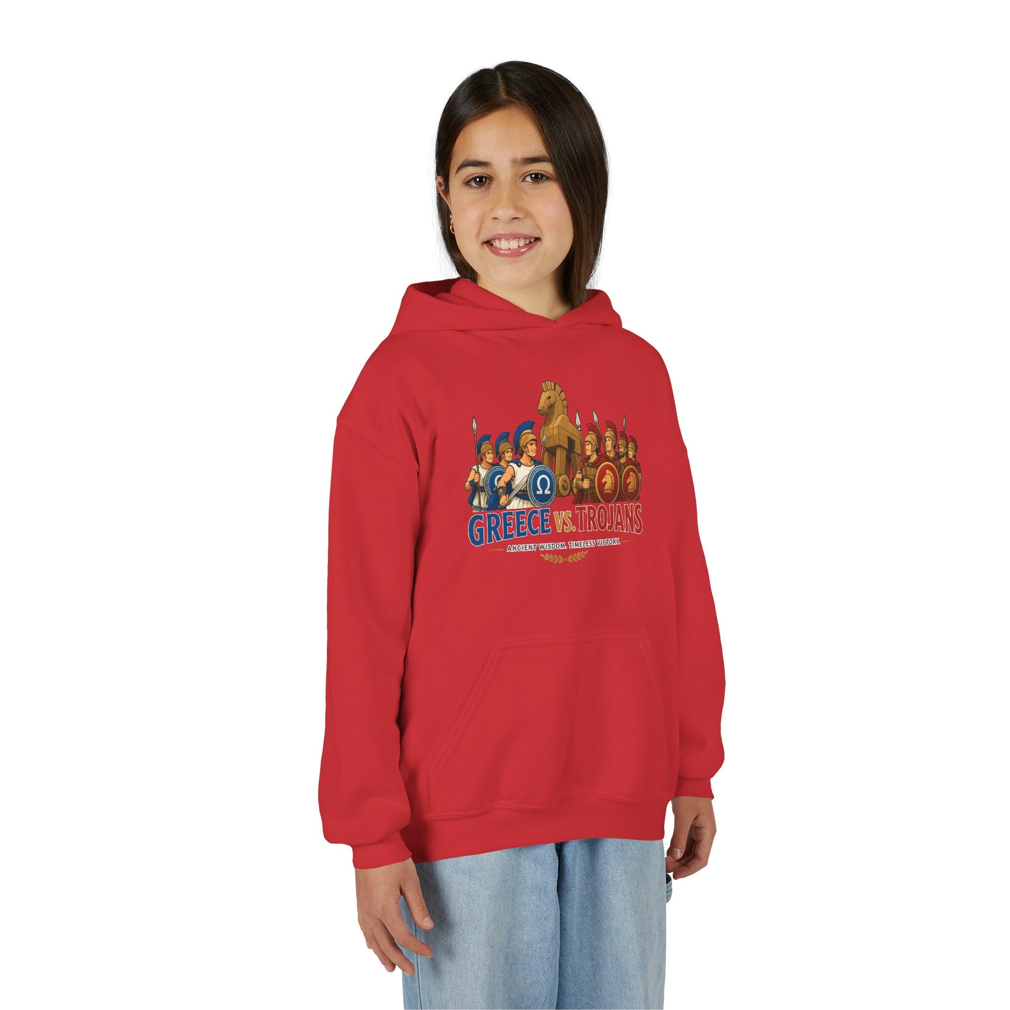 Greece vs. Trojans Youth Hoodie — Mythical Spartan vs Trojan Battle Graphic