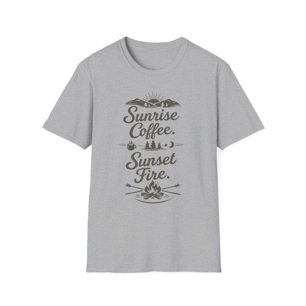 Sunrise Coffee Tee — 'Sunrise Coffee. Sunset Fire.' Camping Graphic T‑Shirt
