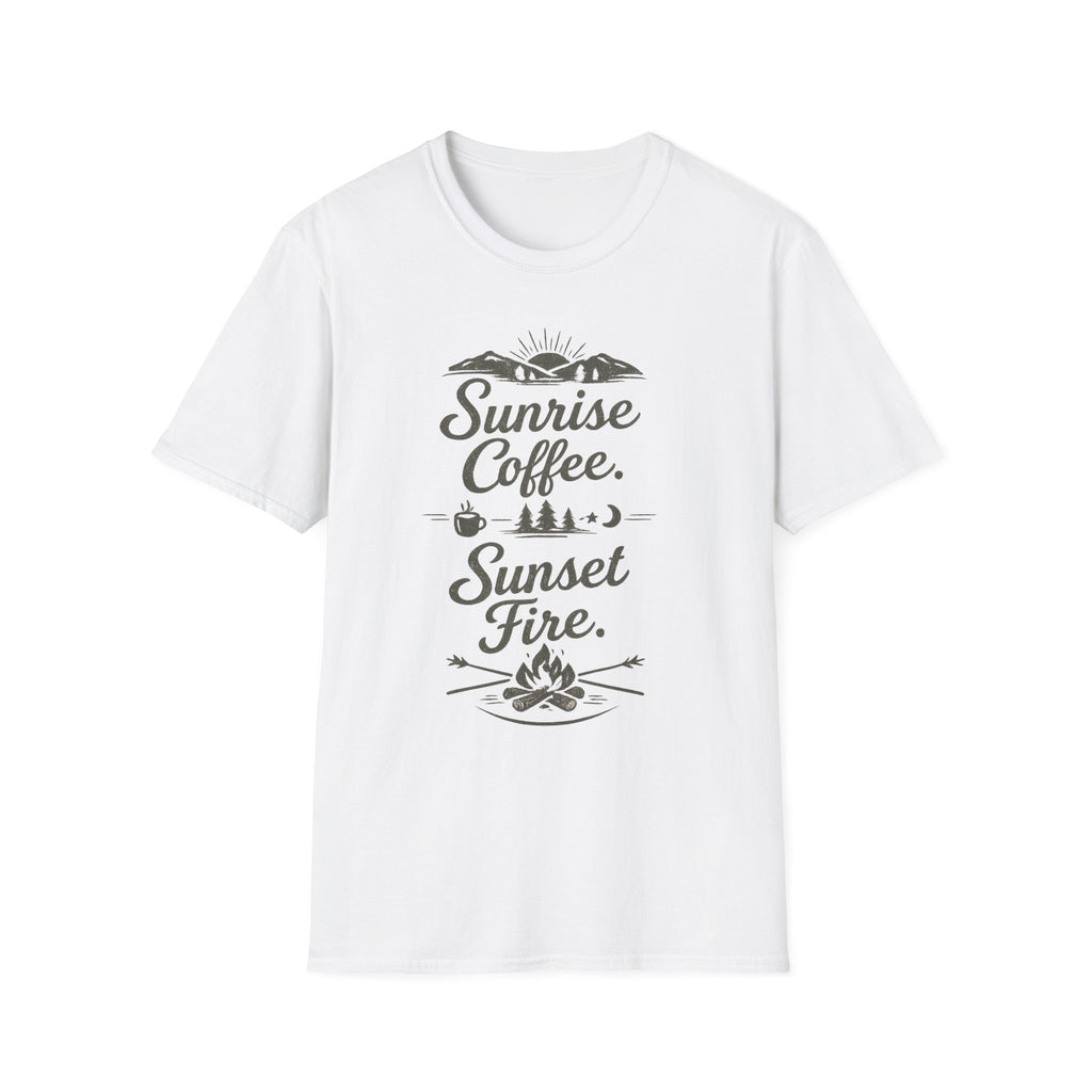 Sunrise Coffee Tee — 'Sunrise Coffee. Sunset Fire.' Camping Graphic T‑Shirt