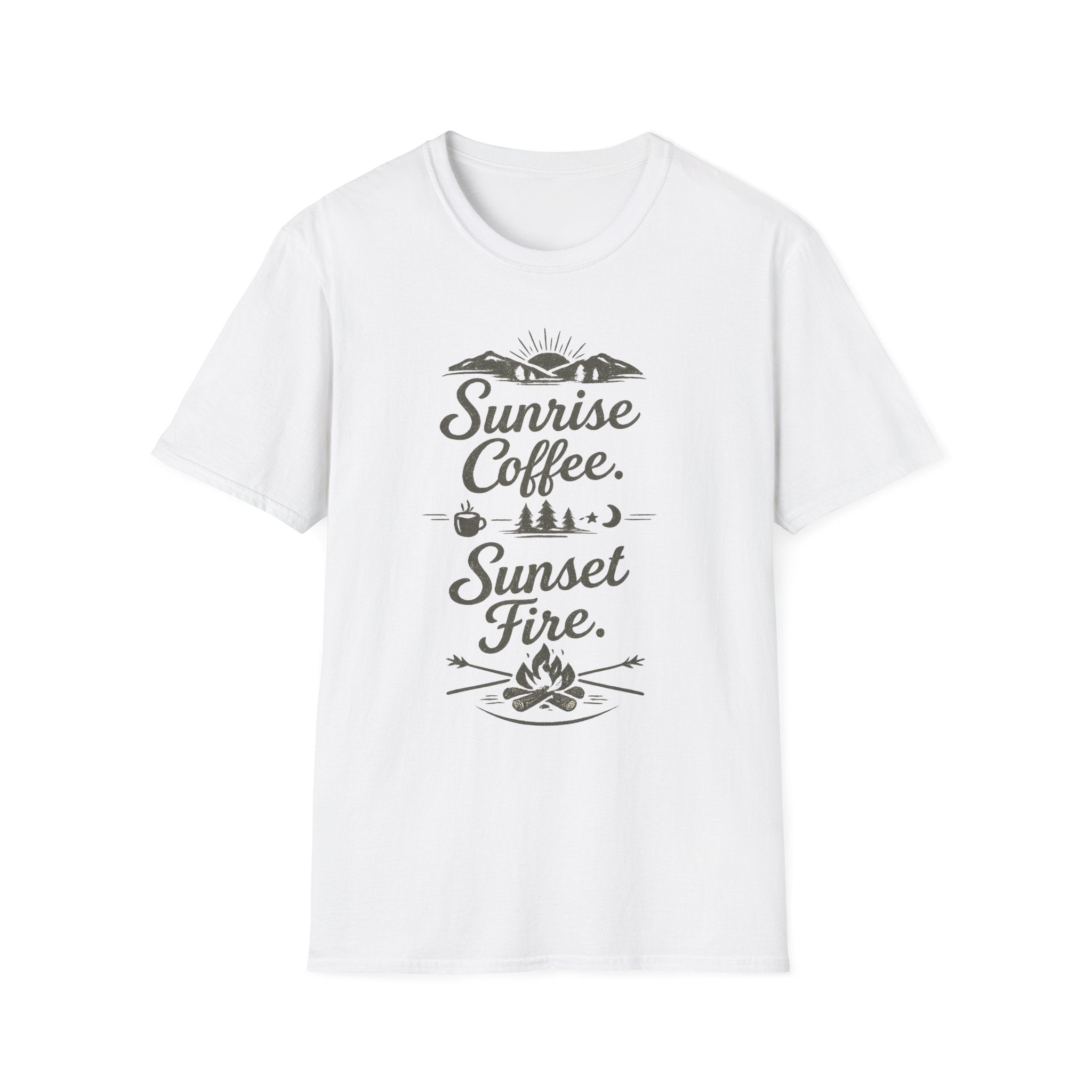 Sunrise Coffee Tee — 'Sunrise Coffee. Sunset Fire.' Camping Graphic T‑Shirt