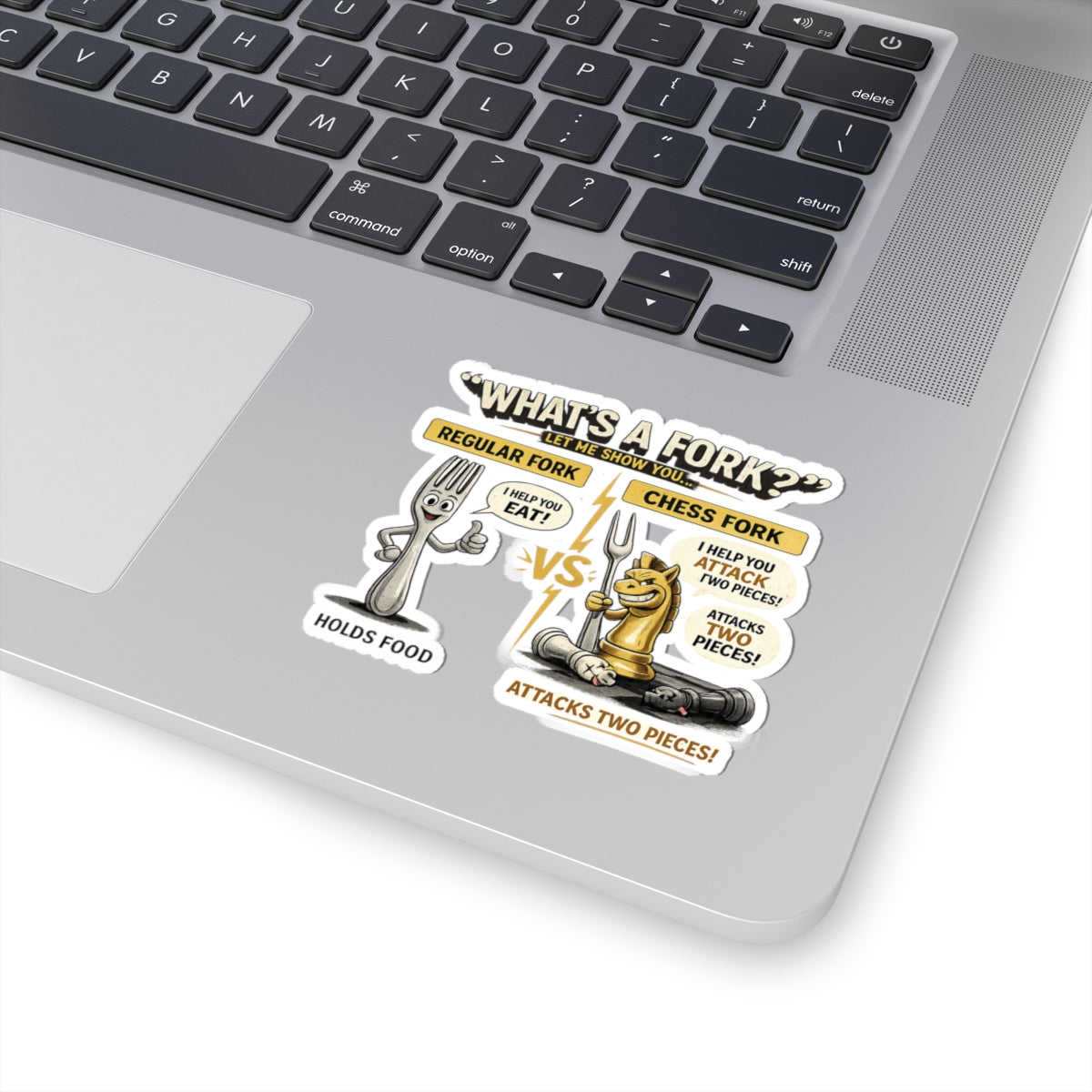 Chess Fork vs Regular Fork Sticker — Funny Chess Pun Kiss-Cut Sticker, "What's a Fork?" Design for Players & Gifts