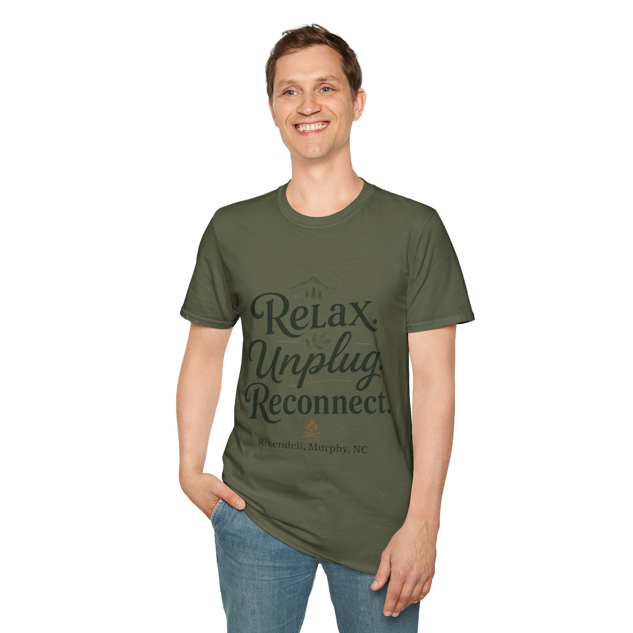 Relax Unplug Reconnect T-Shirt — Cozy Mindfulness Graphic Tee (Rivendell)