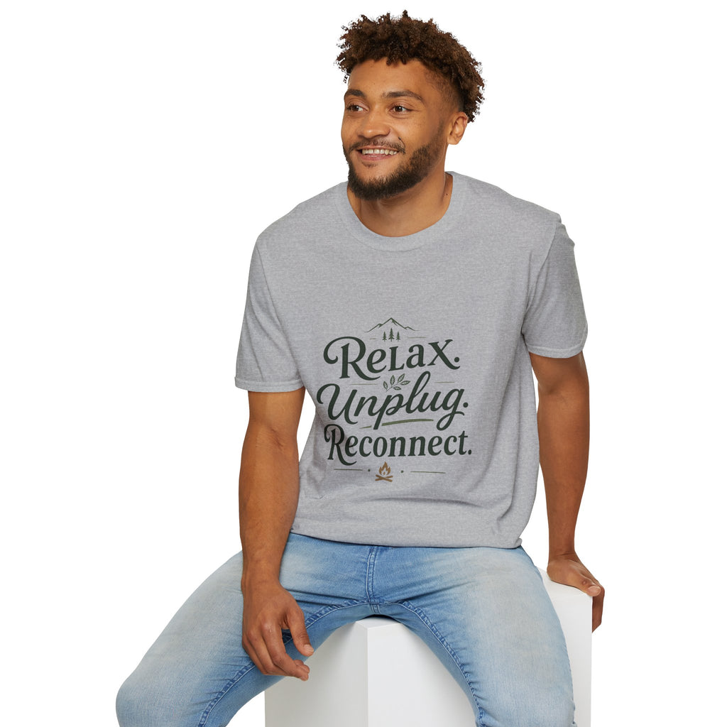 Relax Unplug Reconnect T-Shirt — Casual Inspirational Tee for Mindfulness & Retreat