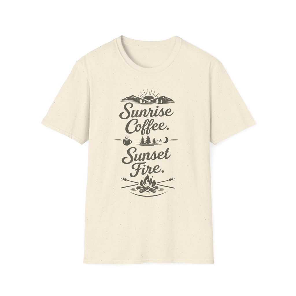 Sunrise Coffee Tee — 'Sunrise Coffee. Sunset Fire.' Camping Graphic T‑Shirt