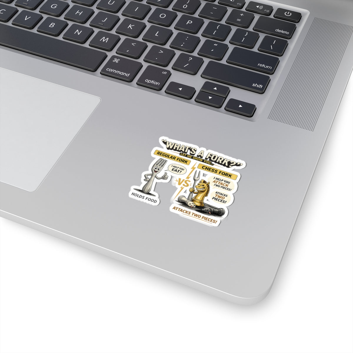 Chess Fork vs Regular Fork Sticker — Funny Chess Pun Kiss-Cut Sticker, "What's a Fork?" Design for Players & Gifts