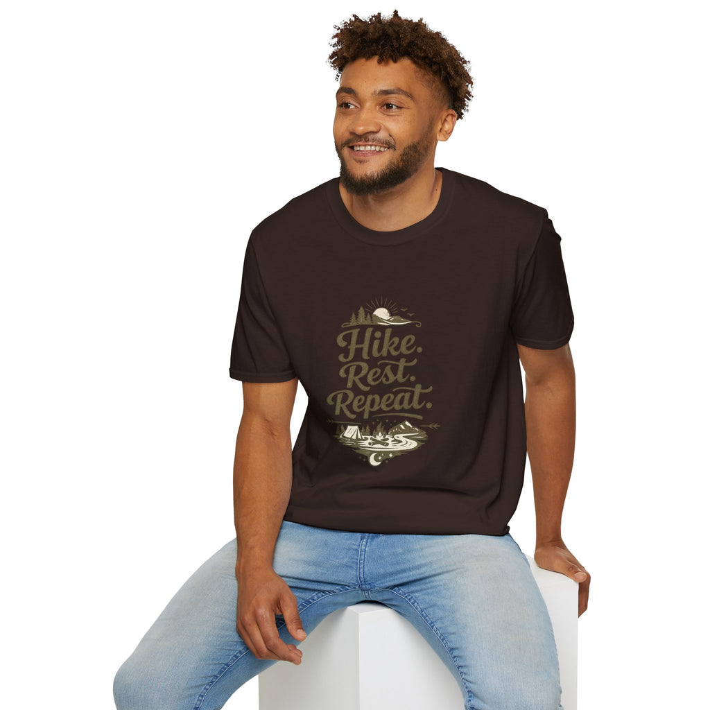 Hike. Rest. Repeat. T‑Shirt — Outdoor Hiking Adventure Tee